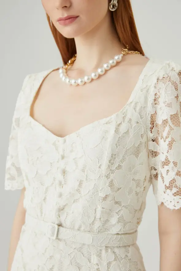 Short Sleeve Lace Dress - White - 5