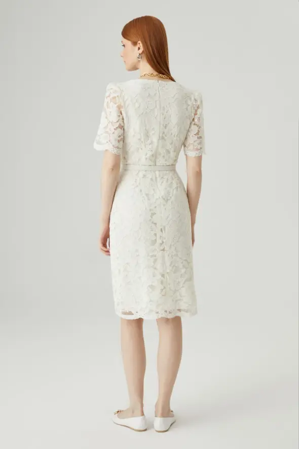 Short Sleeve Lace Dress - White - 6