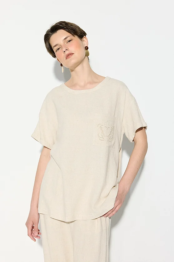 Short Sleeve Linen Blouse with Embroidered Pocket - Beige - 1