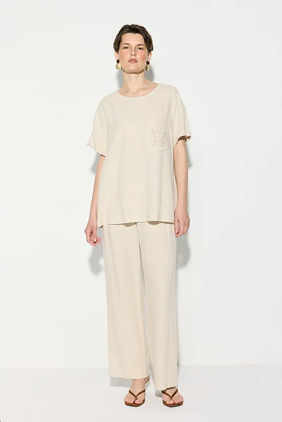 Short Sleeve Linen Blouse with Embroidered Pocket - Beige - 2