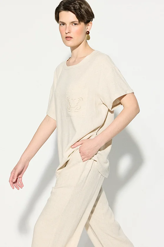 Short Sleeve Linen Blouse with Embroidered Pocket - Beige - Gusto