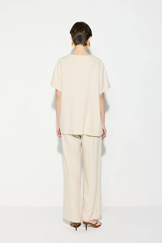 Short Sleeve Linen Blouse with Embroidered Pocket - Beige - 7