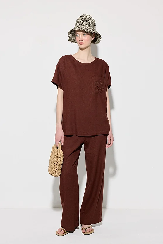 Short Sleeve Linen Blouse with Embroidered Pocket - Brick Red - 5