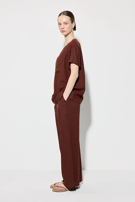 Short Sleeve Linen Blouse with Embroidered Pocket - Brick Red - 7