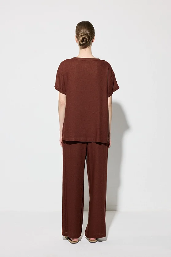 Short Sleeve Linen Blouse with Embroidered Pocket - Brick Red - 8