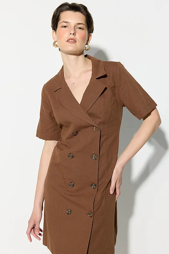 Short Sleeve Linen Jacket Dress - Brown - Gusto