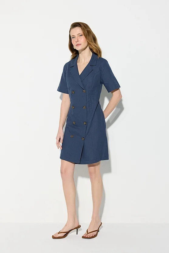 Short Sleeve Linen Jacket Dress - Navy Blue - Gusto