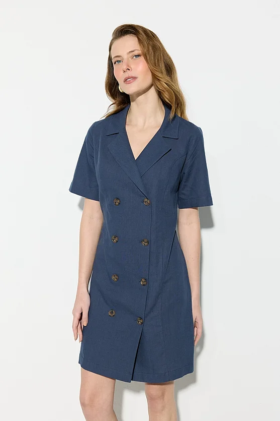 Short Sleeve Linen Jacket Dress - Navy Blue - Gusto