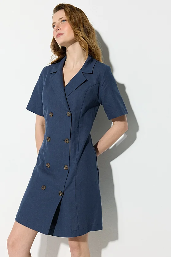 Short Sleeve Linen Jacket Dress - Navy Blue - Gusto