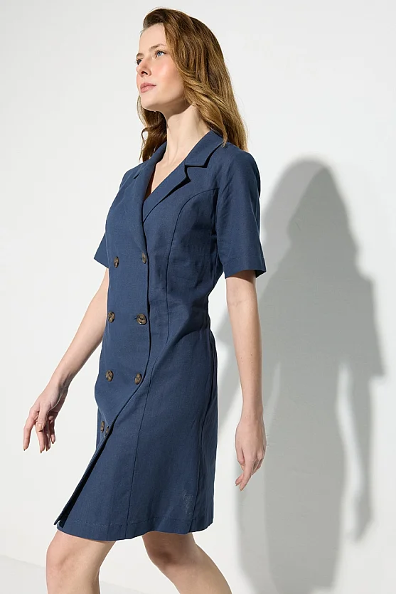 Short Sleeve Linen Jacket Dress - Navy Blue - Gusto