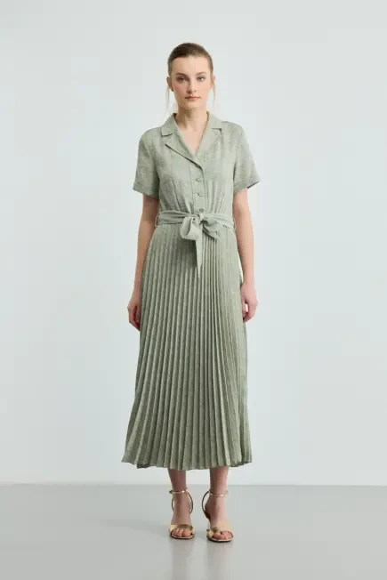 Short-Sleeve Long Pleated Dress - Green Green