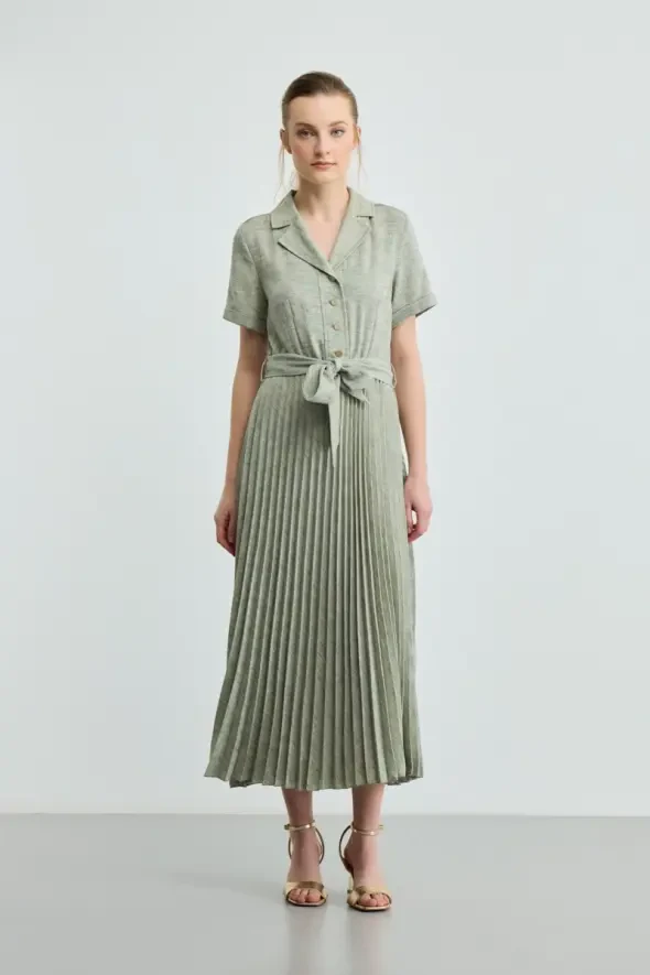 Short-Sleeve Long Pleated Dress - Green - 1