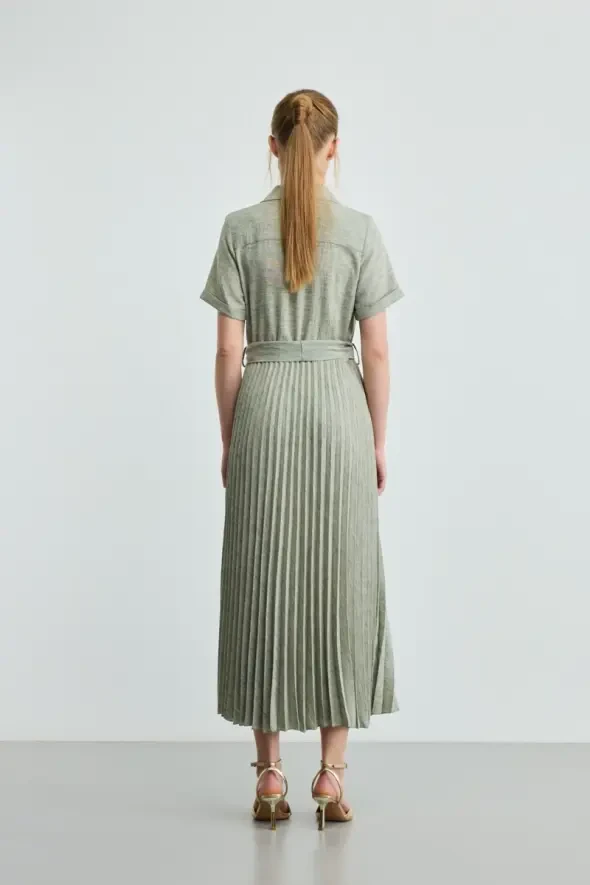 Short-Sleeve Long Pleated Dress - Green - 4