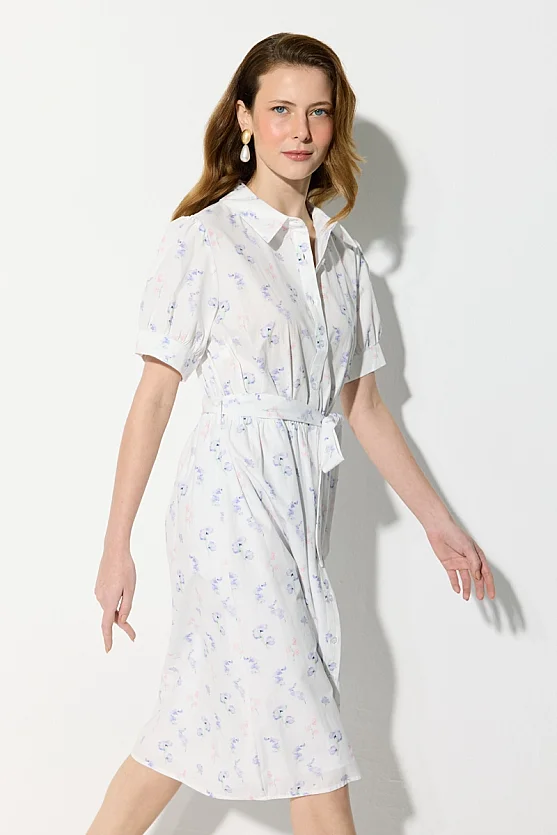 Short Sleeve Patterned Cotton Shirt Dress - White - Gusto