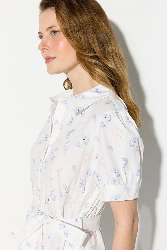 Short Sleeve Patterned Cotton Shirt Dress - White - Gusto