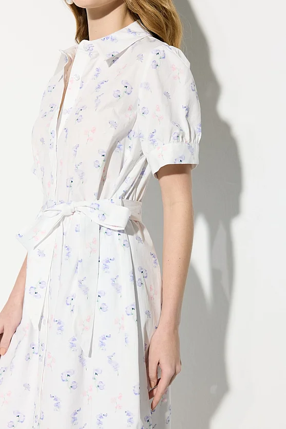 Short Sleeve Patterned Cotton Shirt Dress - White - Gusto