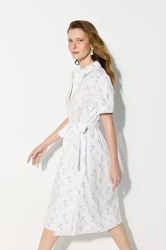 Short Sleeve Patterned Cotton Shirt Dress - White - 2