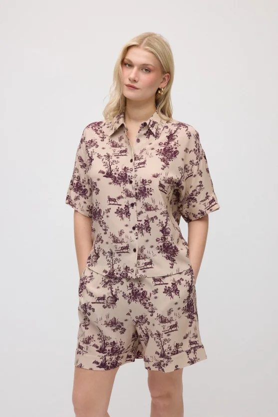 Short-Sleeve Patterned Viscose Shirt - Beige - 3