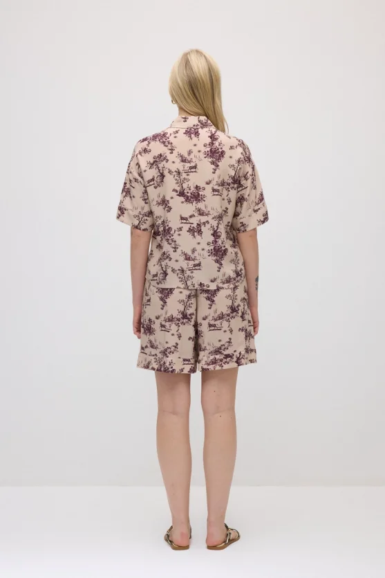 Short-Sleeve Patterned Viscose Shirt - Beige - 6
