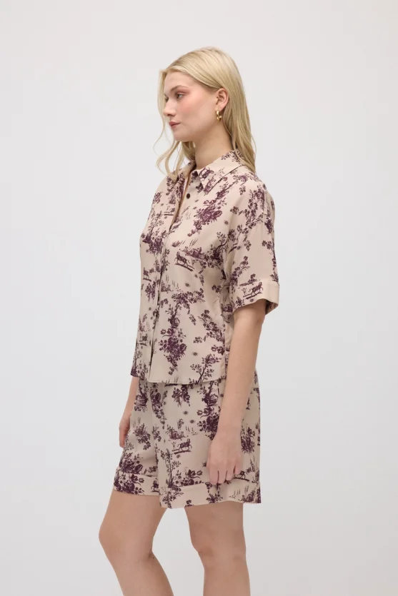 Short-Sleeve Patterned Viscose Shirt - Beige - 4