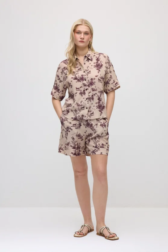 Short-Sleeve Patterned Viscose Shirt - Beige - 3