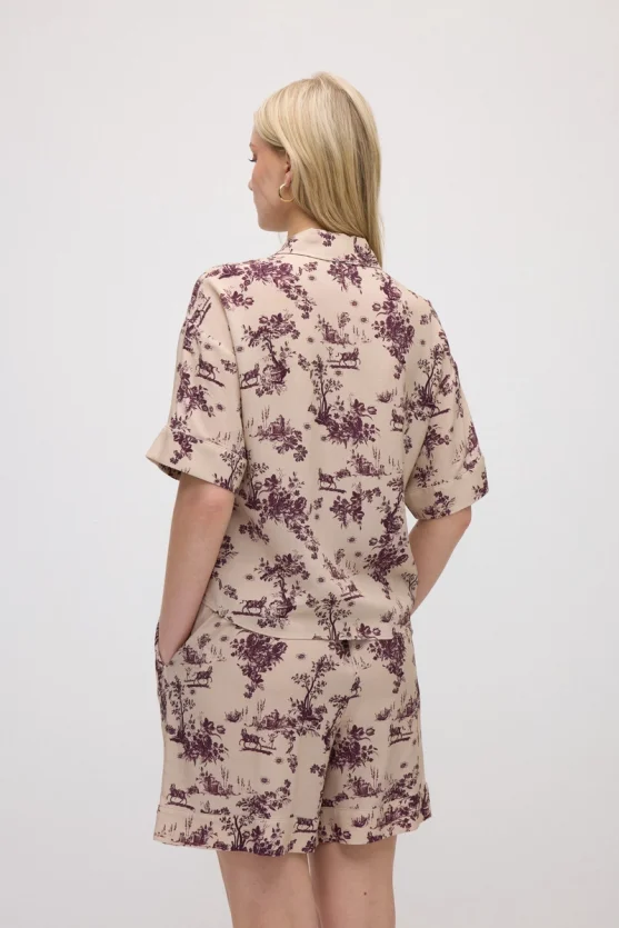 Short-Sleeve Patterned Viscose Shirt - Beige - 5
