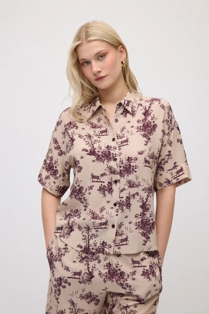 Short-Sleeve Patterned Viscose Shirt - Beige Beige