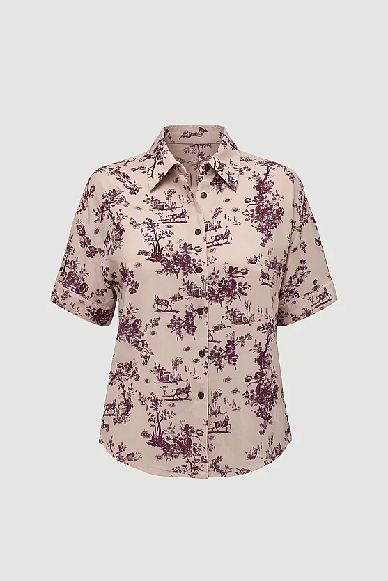 Short-Sleeve Patterned Viscose Shirt - Beige - 7