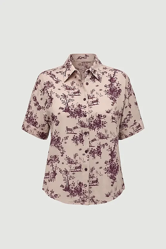 Short-Sleeve Patterned Viscose Shirt - Beige - Gusto