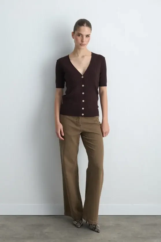 Short Sleeve Ribbed Knit Cardigan - Brown - Gusto