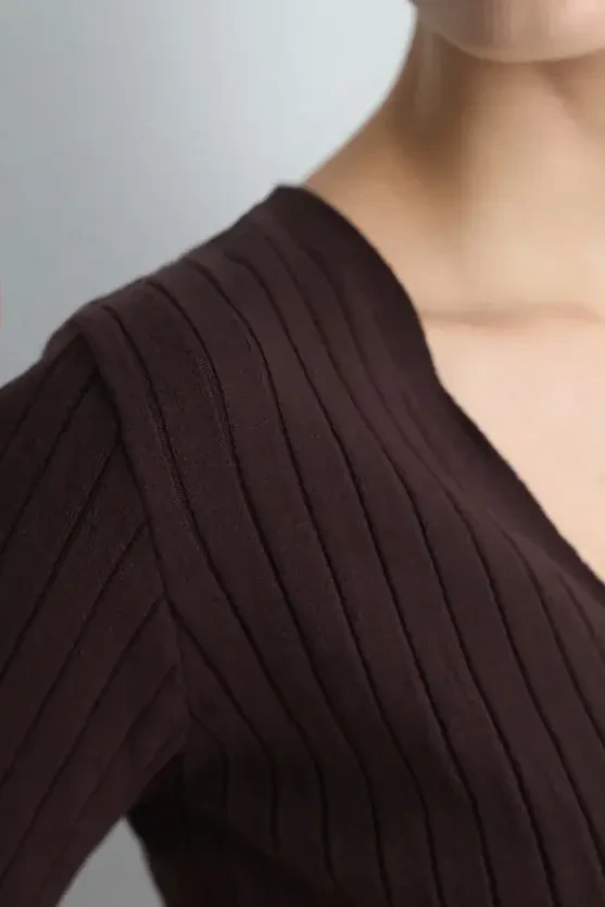 Short Sleeve Ribbed Knit Cardigan - Brown - Gusto