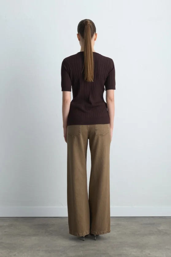 Short Sleeve Ribbed Knit Cardigan Brown - 6