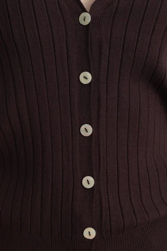 Short Sleeve Ribbed Knit Cardigan Brown - 4