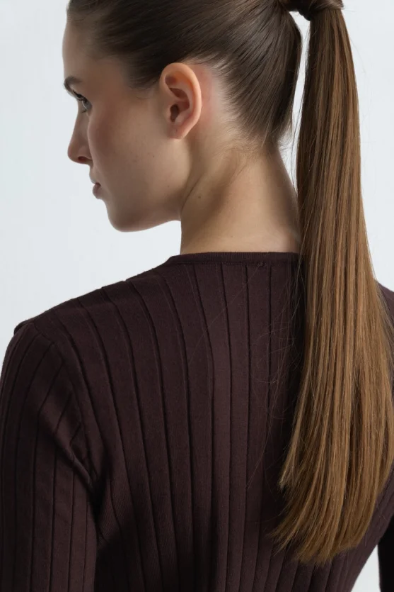 Short Sleeve Ribbed Knit Cardigan Brown - Gusto