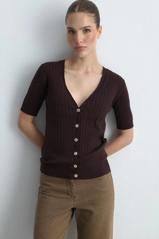 Short Sleeve Ribbed Knit Cardigan Brown - 1