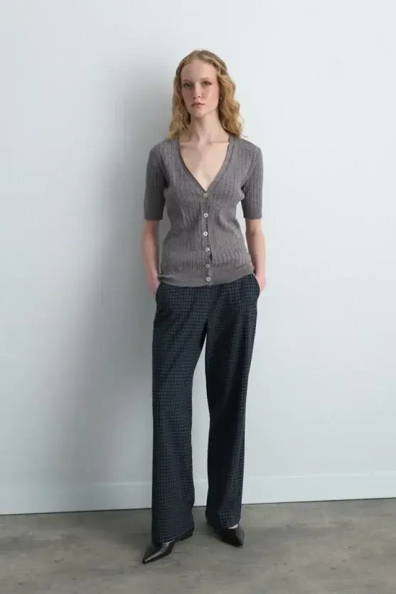 Short Sleeve Ribbed Knit Cardigan - Gray - 3