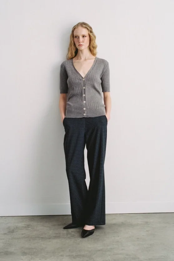 Short Sleeve Ribbed Knit Cardigan Gray - 1