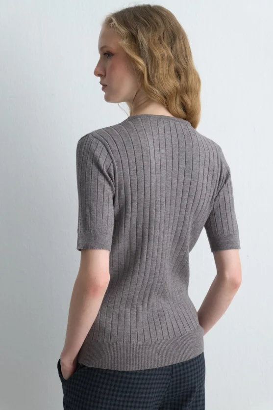 Short Sleeve Ribbed Knit Cardigan Gray - 5