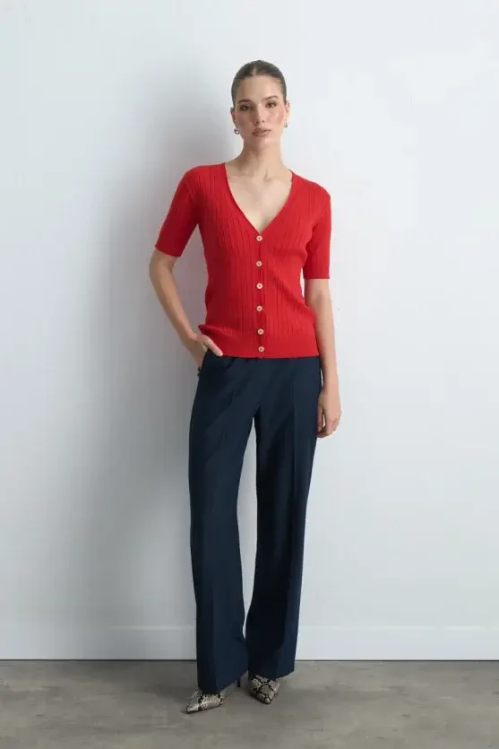 Short Sleeve Ribbed Knit Cardigan - Red - 2