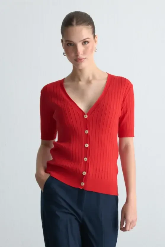 Short Sleeve Ribbed Knit Cardigan - Red - Gusto