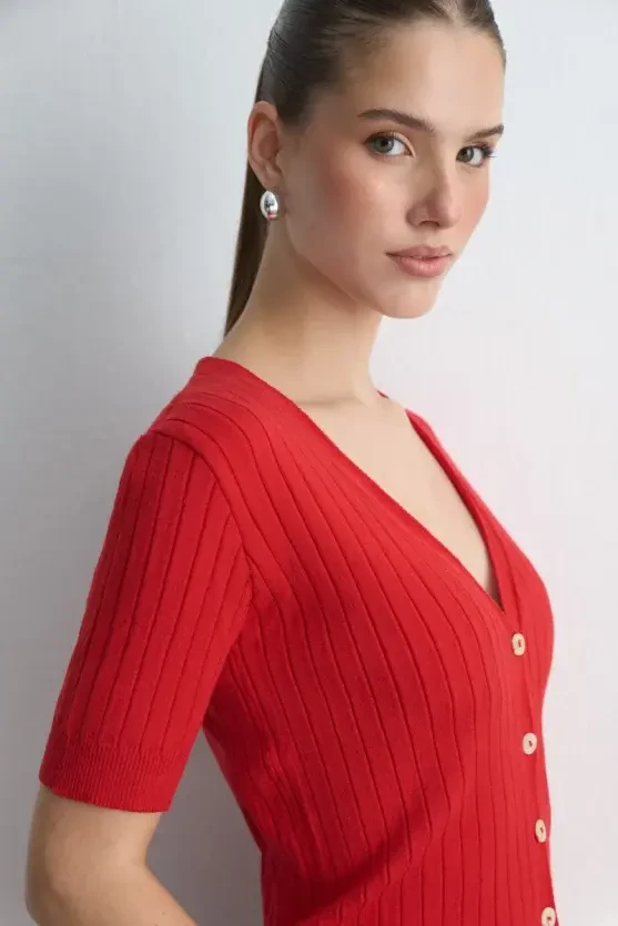 Short Sleeve Ribbed Knit Cardigan - Red - 5