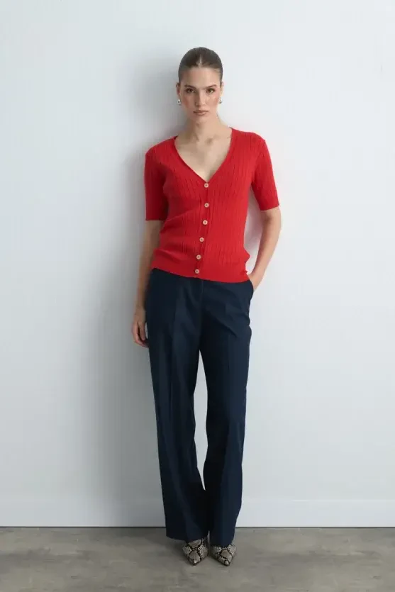 Short Sleeve Ribbed Knit Cardigan - Red - Gusto