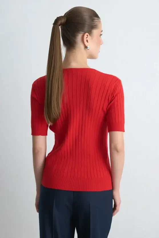 Short Sleeve Ribbed Knit Cardigan - Red - Gusto