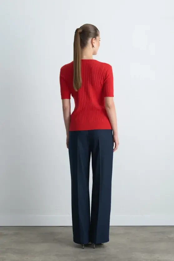 Short Sleeve Ribbed Knit Cardigan - Red - 7