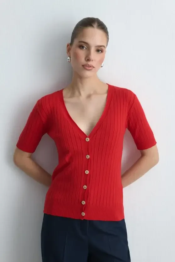 Short Sleeve Ribbed Knit Cardigan - Red - 1