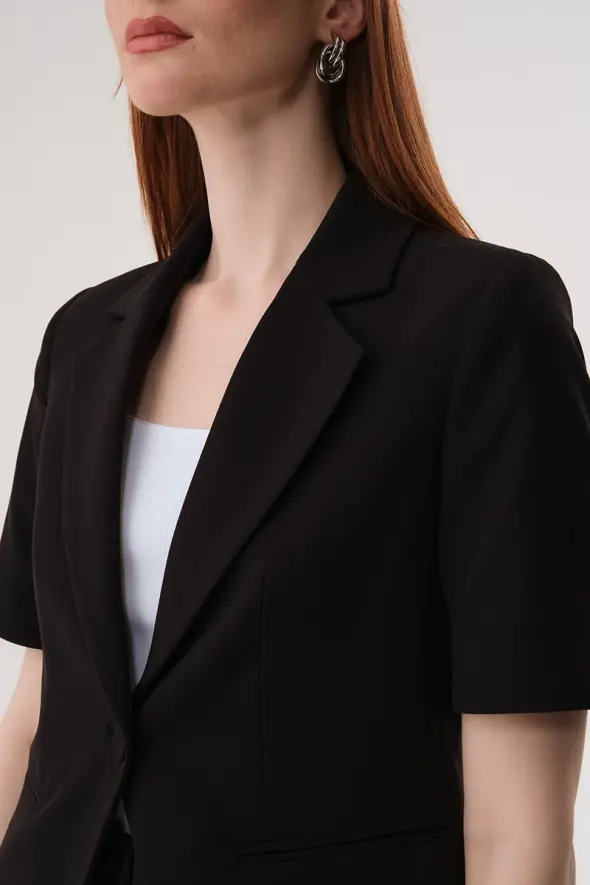 Short Sleeve Single Button Jacket - Black - 4