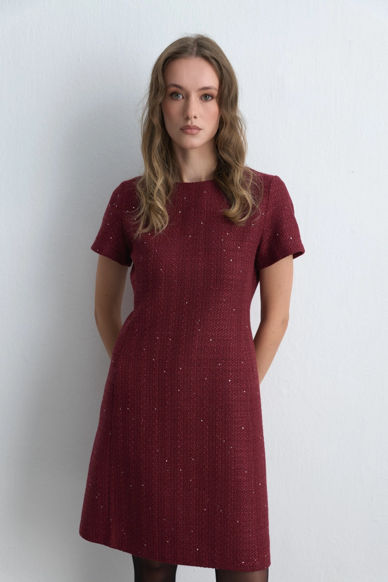 Short Sleeve Tweed Dress - Burgundy - Gusto