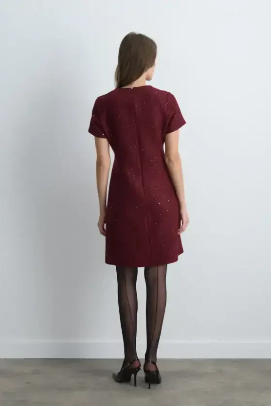 Short Sleeve Tweed Dress - Burgundy - Gusto