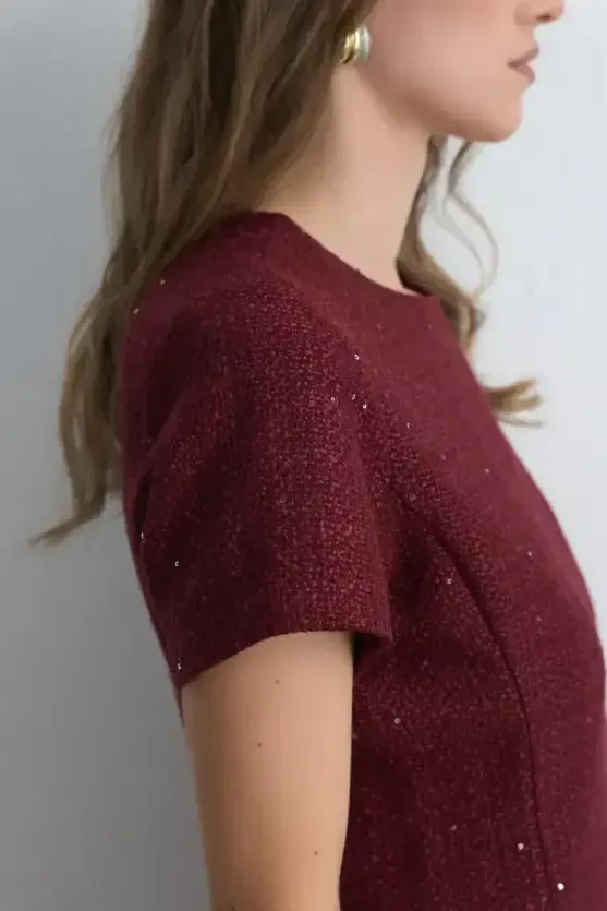 Short Sleeve Tweed Dress - Burgundy - Gusto