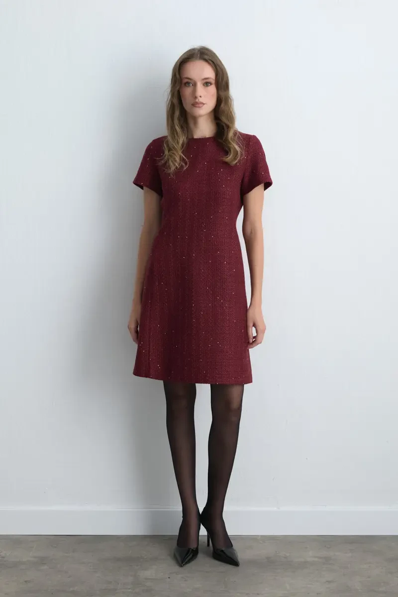 Short Sleeve Tweed Dress - Burgundy - Gusto